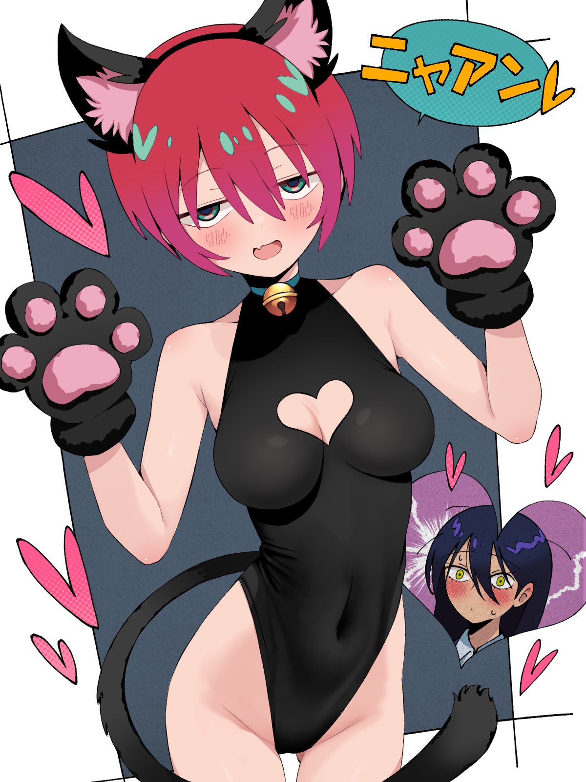 2girls amate_yuzuriha animal_ears aqua_eyes bare_legs bell blush breasts cat_ears cat_girl cat_tail closed_mouth dark-skinned_female dark_skin gundam gundam_gquuuuuux highres kemonomimi_mode leotard long_hair looking_at_viewer nekomimi nyaan_(gundam_gquuuuuux) open_mouth paw_pose red_hair sabi1234 short_hair smile tail yuri