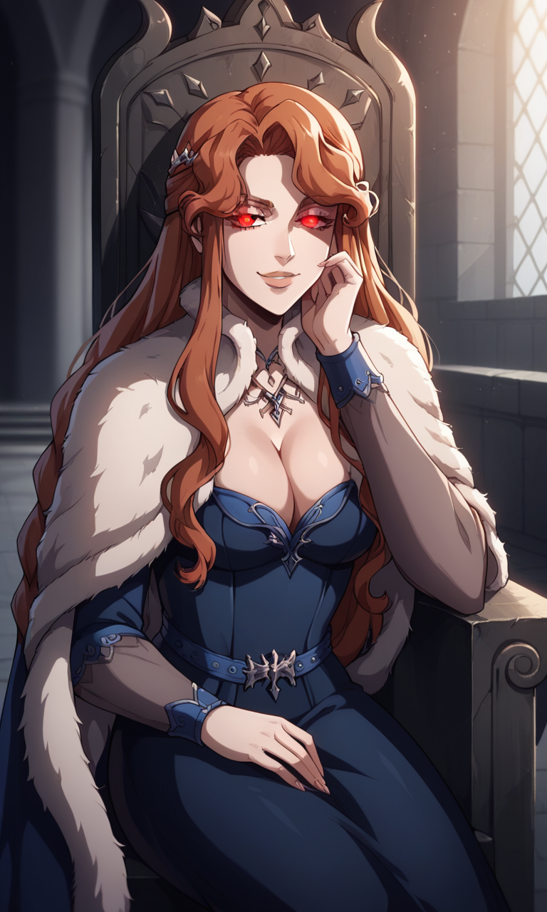 1girls ai_generated bigmic145 blue_dress braid breasts cape castlevania castlevania_(netflix) dressfur_trim hair_ornament lenore_(castlevania) lips long_hair medium_breasts orange_hair wavy_hair