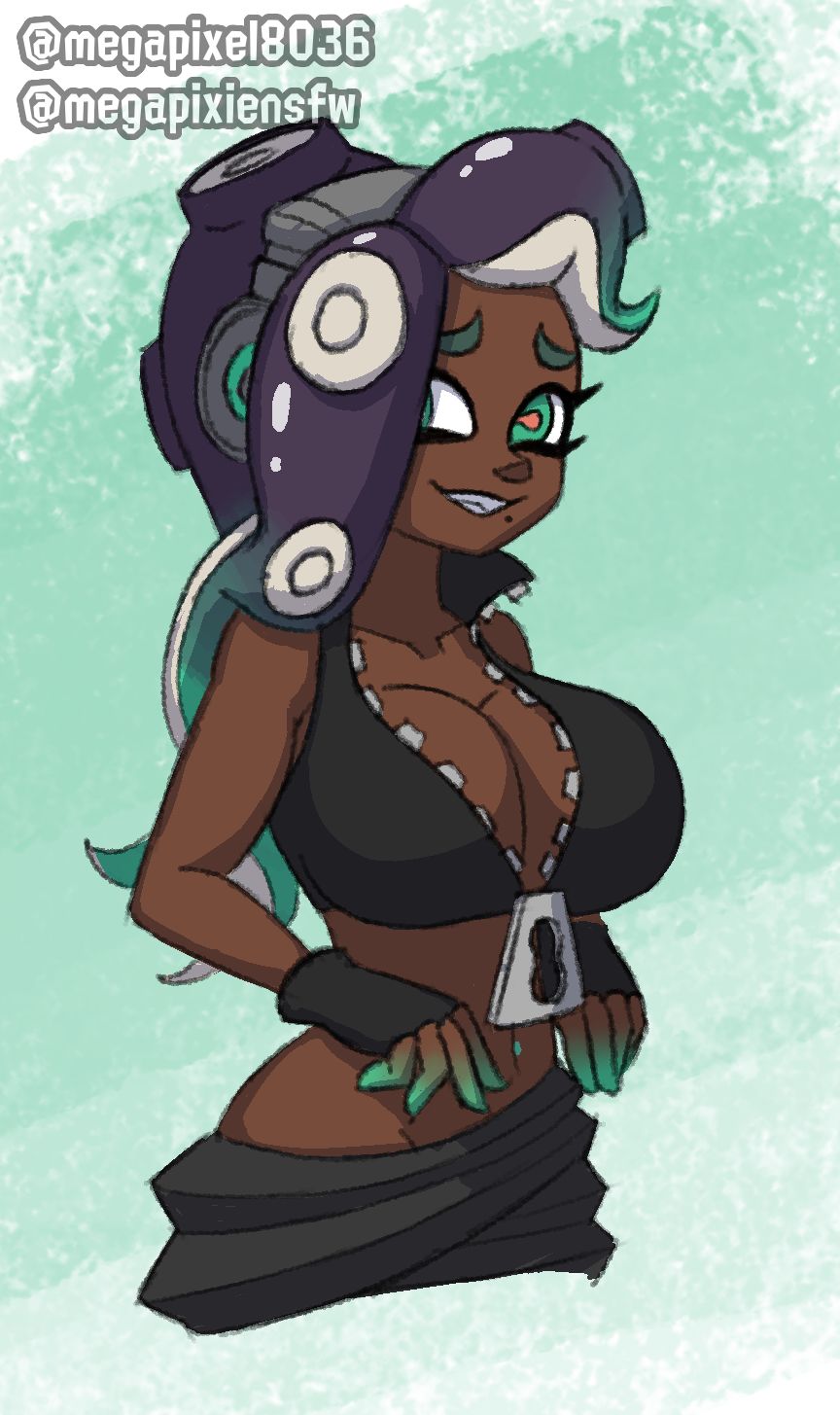 1girls alternate_breast_size big_breasts cleavage crop_top dark_skin female headphones large_breasts marina_(splatoon) navel_piercing octoling splatoon splatoon_(series) tentacle_hair unzipped unzipped_jacket