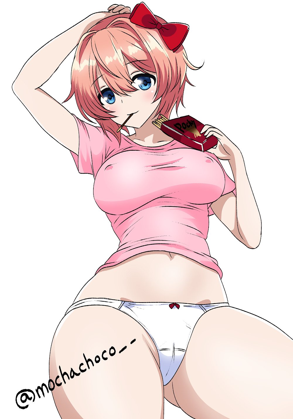 1female 1girls anime_style artist_name big_breasts blue_eyes bow bow_panties breasts doki_doki_literature_club female female_only hair_bow hairbow hard_nipples human human_only mochachoco nipple_bulge panties pocky red_bow red_hair_bow red_hairbow sayori_(doki_doki_literature_club) solo solo_female strawberry_blonde_hair tight_shirt twitter_username white_panties