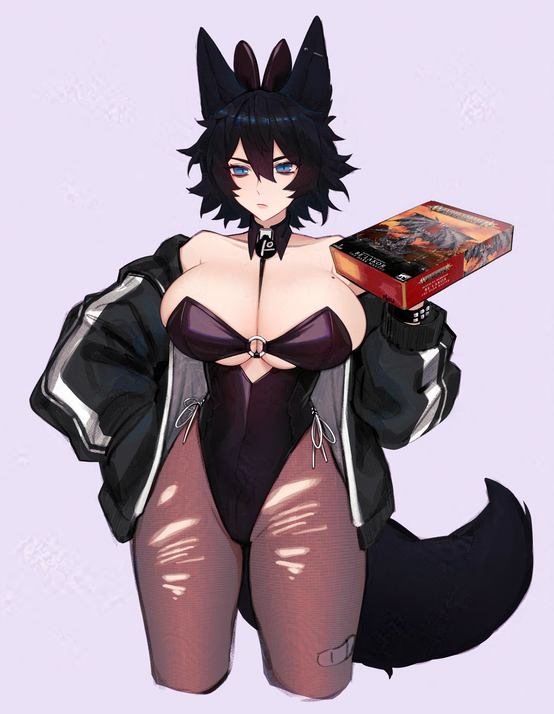 1girls, big breasts, black hair, blue eyes, breasts, bunnysuit, eye bags, female, female only, hand in pants, hi res, holding object, jacket, jacket off shoulders, looking at viewer, n0r0, pantyhose, raine (zanamaoria), simple background, slit pupils, solo, tail, torn pantyhose, unamused, wolf ears, wolf girl, wolf tail