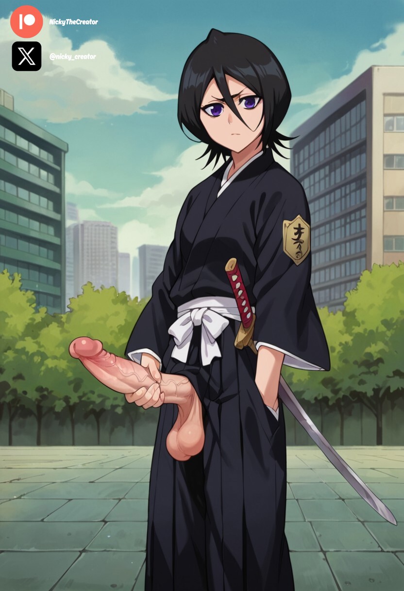 1futa ai_generated black_hair bleach breasts cock colored dick futa_only futanari futanari futanari/female kuchiki_rukia light_skin light_skinned_futanari nickythecreator penis sexy sexy_body sexy_pose testicles veiny_penis violet_eyes