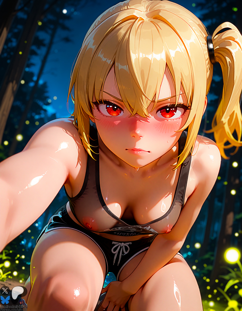 ai_generated blonde_hair blush booty_shorts fireflies forest hoyoverse looking_at_viewer luciana_de_montefio minokai night nipples outstretched_arm red_eyes see_through_clothing self_upload shiny_skin side_ponytail zenless_zone_zero