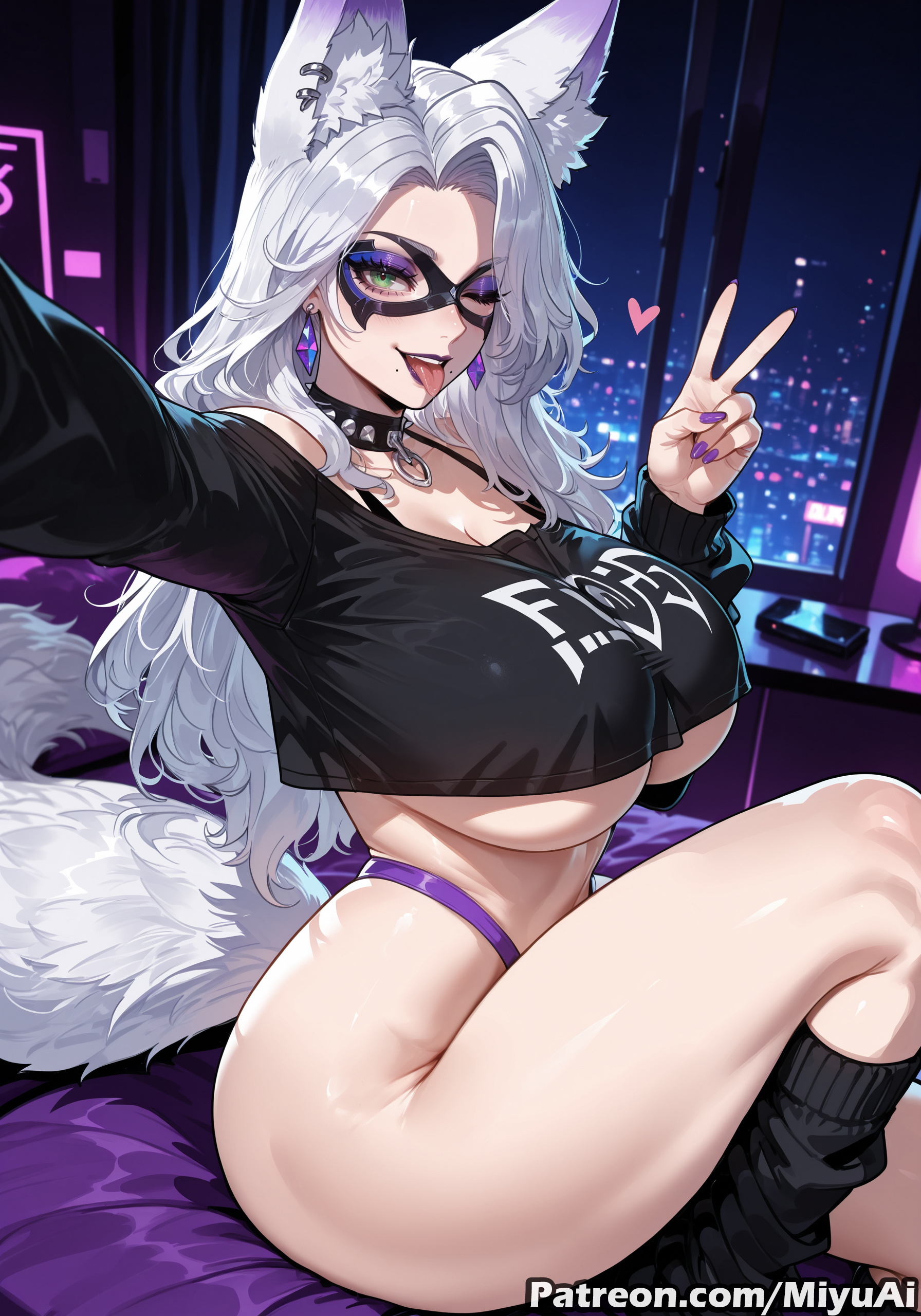 1girl, ai assisted, ai generated, animal ear fluff, animal ears, black cat (marvel rivals), black cat (marvel), blue eyes, bodysuit, breasts, choker, cleavage, curvaceous, curvy, curvy female, curvy figure, earrings, felicia hardy, female, female only, fox ears, fox girl, fox tail, green eyes, huge breasts, jewelry, long hair, looking at viewer, marvel, marvel comics, marvel rivals, miyuai, nail polish, naughty face, self shot, silver hair, sitting, smile, solo, spider-man (series), tail, thick, thick ass, thick butt, thick hips, thick legs, thick thighs, thighs, tongue, tongue out, underboob, v, voluptuous, voluptuous female, white hair, wide hips, wide thighs, wolf tail