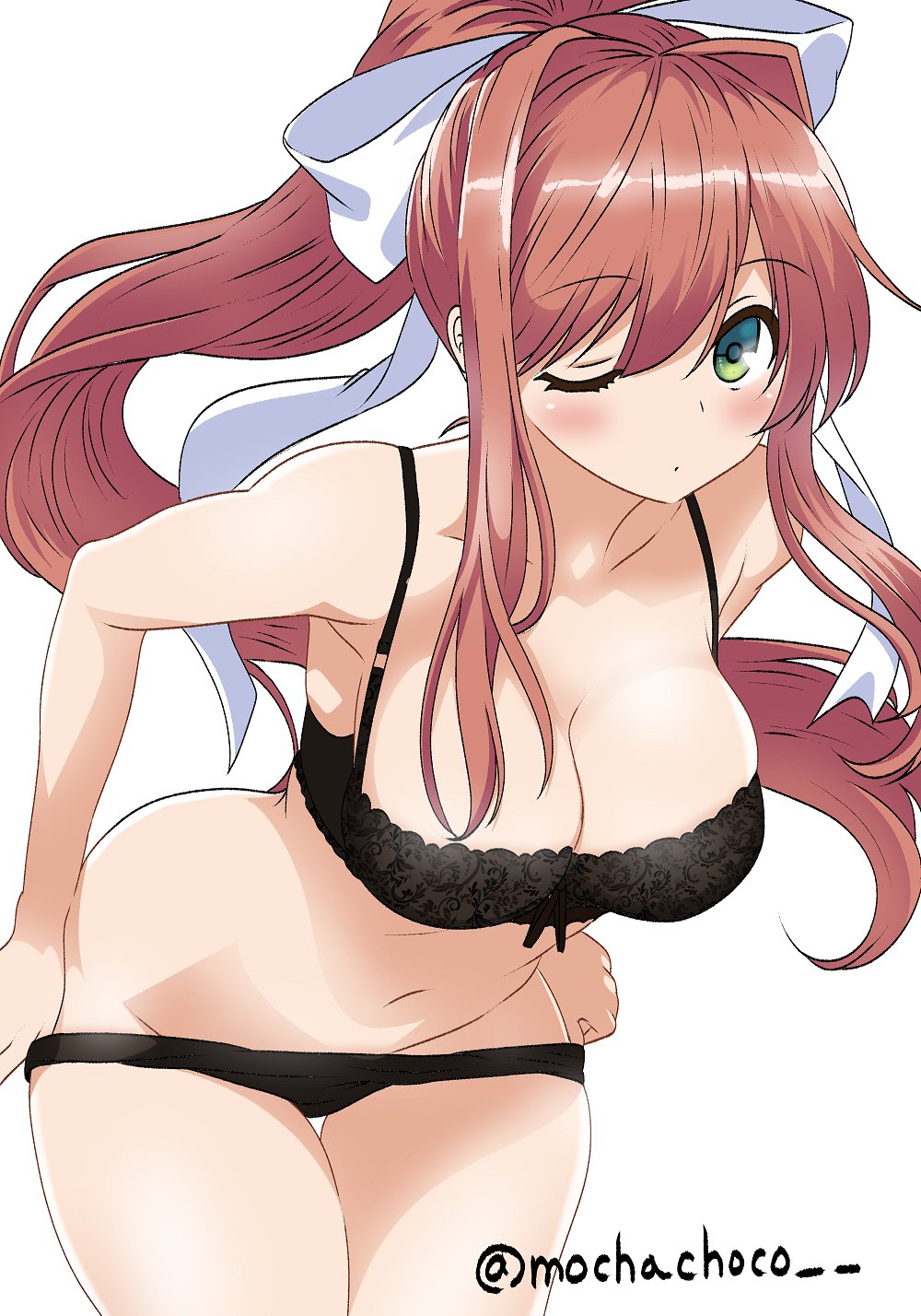 1female 1girls artist_name big_breasts black_bra black_panties bra breasts cleavage doki_doki_literature_club female green_eyes long_hair matching_underwear mochachoco monika_(doki_doki_literature_club) panties twitter_username