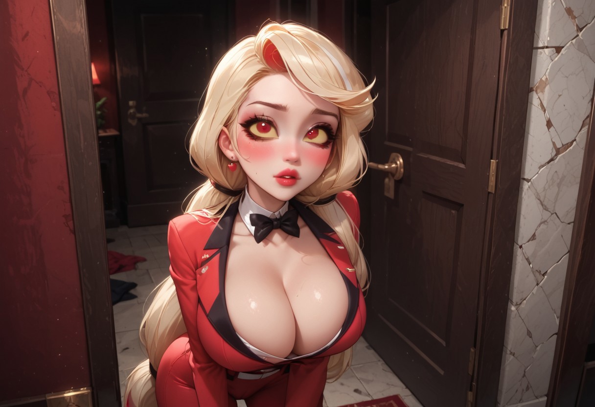1girls, ai generated, blush, breasts, charlie morningstar (hazbin hotel), civitai, cleavage, demon, demon girl, female, hazbin hotel, huge breasts, mamely32, pov, solo, standing