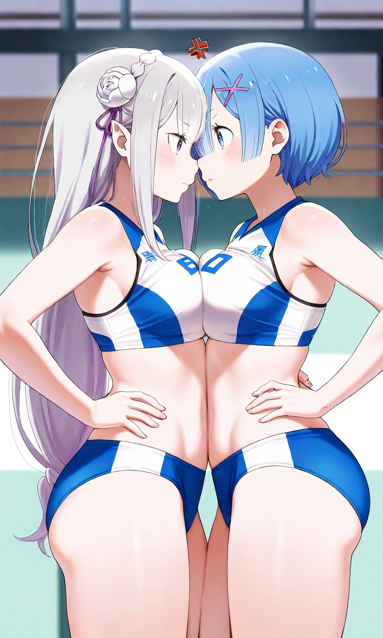 ai_generated angry angry_face blue_hair breast_press breasts breasts_pressed_against_partner bun_huggers catfight emilia_(re:zero) eye_to_eye lesbian_competitive_intercourse re:zero_kara_hajimeru_isekai_seikatsu rem_(re:zero) silver_hair sports_bra sports_shorts sports_uniform staredown yuri