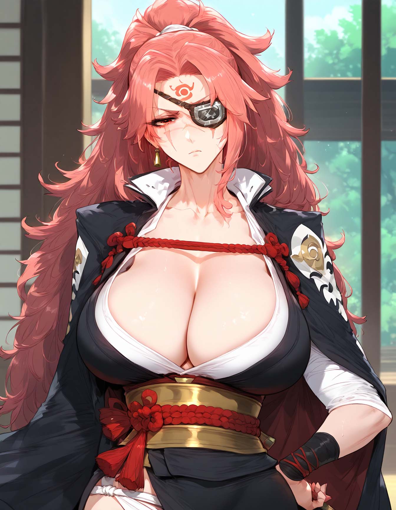 1girls ai_generated amputated_arm areola baiken big_breasts blush blushing breasts_out curvy eye_patch guilty_gear guilty_gear_strive hand_on_hip large_breasts light-skinned_female light_skin looking_at_viewer mature_female nipples red_eyes red_hair scar serious sogo solo tattoo