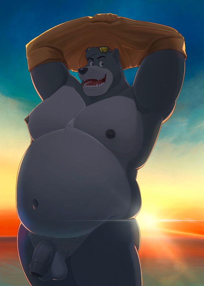 2025 anthro armpit_hair balls baloo bara bear belly big_belly body_hair clothing eyewear eyewear_on_head flaccid foreskin genitals grey_penis hands_above_head lens_flare looking_at_viewer male male_only mammal manly mature_male moobs navel nipples nude open_mouth overweight penis pubes removing_shirt shirt smile smiling_at_viewer solo standing sun sunglasses sunglasses_on_head the_jungle_book topwear undressing vein veiny_penis zcdartz