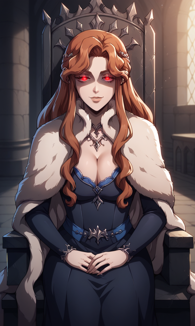 1girls ai_generated bigmic145 blue_dress braid breasts cape castlevania castlevania_(netflix) dressfur_trim hair_ornament lenore_(castlevania) lips long_hair medium_breasts orange_hair wavy_hair