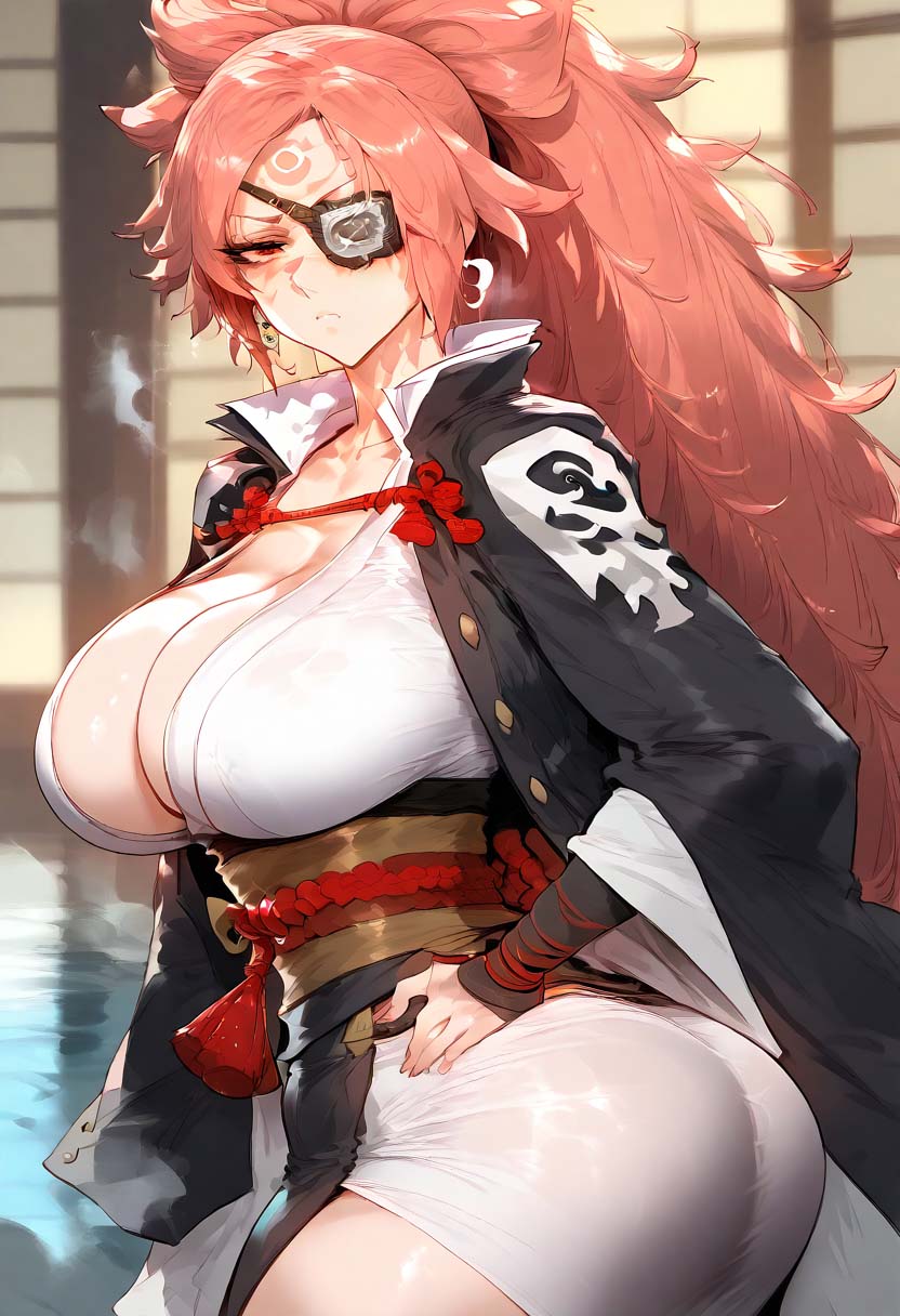 1girls ai_generated amputated_arm areola baiken big_ass big_breasts blush blushing breasts_out curvy eye_patch guilty_gear guilty_gear_strive hand_on_hip large_breasts light-skinned_female light_skin looking_at_viewer mature_female nipples red_eyes red_hair scar serious sogo solo tattoo thick_thighs wide_hips