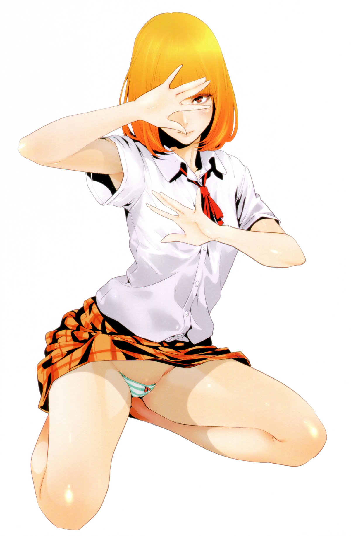 1girls, bare legs, blush, female, female only, hiramoto akira, legs, looking at viewer, midorikawa hana, miniskirt, orange hair, prison school, red eyes, shiny skin, sitting, solo, white background, white shirt