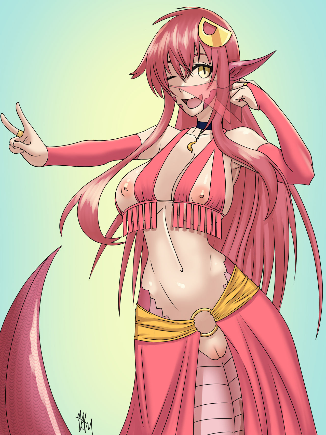 apode belly_dancer belly_dancer_outfit breasts censor_removal_edit clothing draconcopode female genitals hair hi_res humanoid kayserend lamia legless long_hair looking_at_viewer miia_(monster_musume) monster_girl_(genre) monster_musume monster_musume_no_iru_nichijou navel nipples pointy_ears pussy red_body red_clothing red_hair red_scales reptile scales scalie serpentine snake solo split_form tagme tail third-party_edit yellow_clothing yellow_eyes