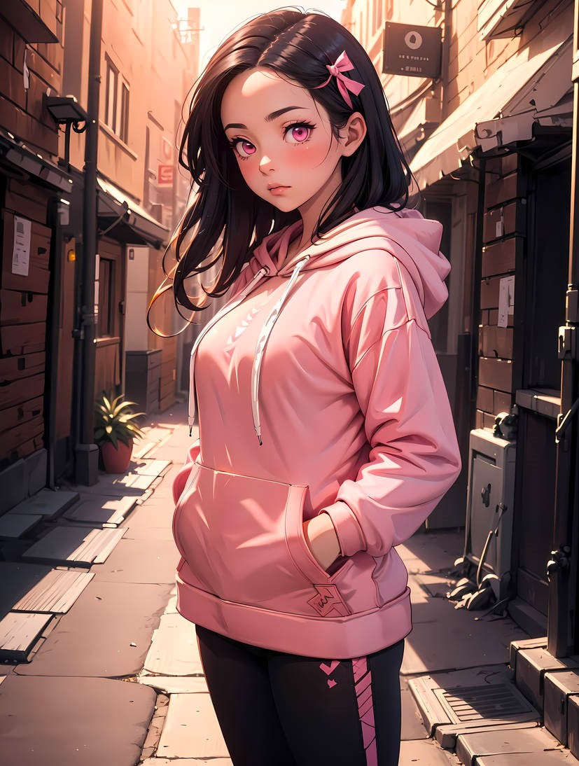 1girls ai_generated alley anime arczisan babe beautiful beautiful_females black_hair black_pants buildings city curly_hair cute demon demon_girl demon_slayer evening female_focus fully_clothed hair_ribbon hands_in_pockets heavenly_face jogging kamado_nezuko looking_at_viewer pink_eyes pink_shirt plant ribbon sportswear stable_diffusion street young