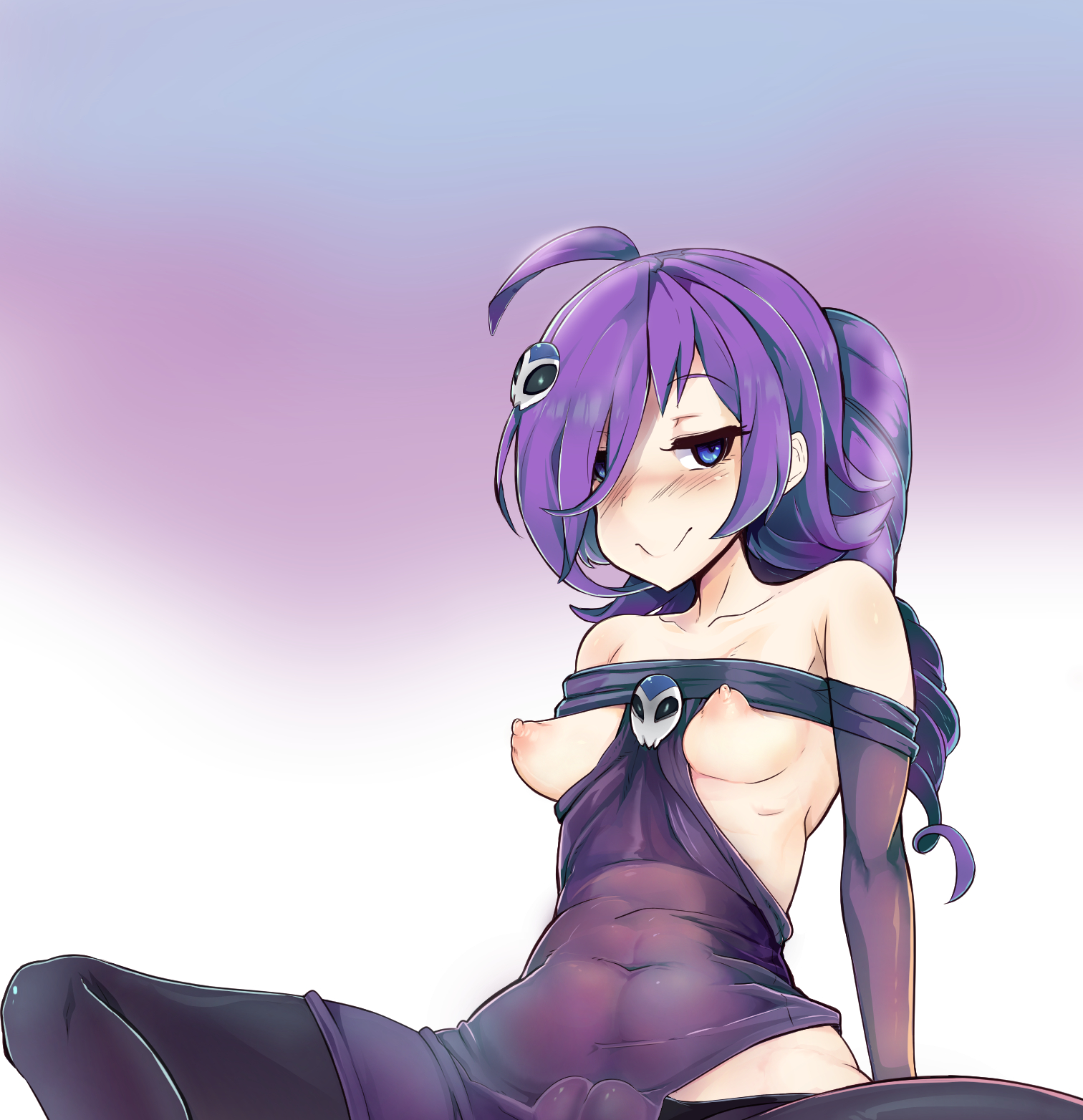 bare shoulders, blush, breasts, drill hair, female, long hair, nipples, purple hair, solo, zone-tan