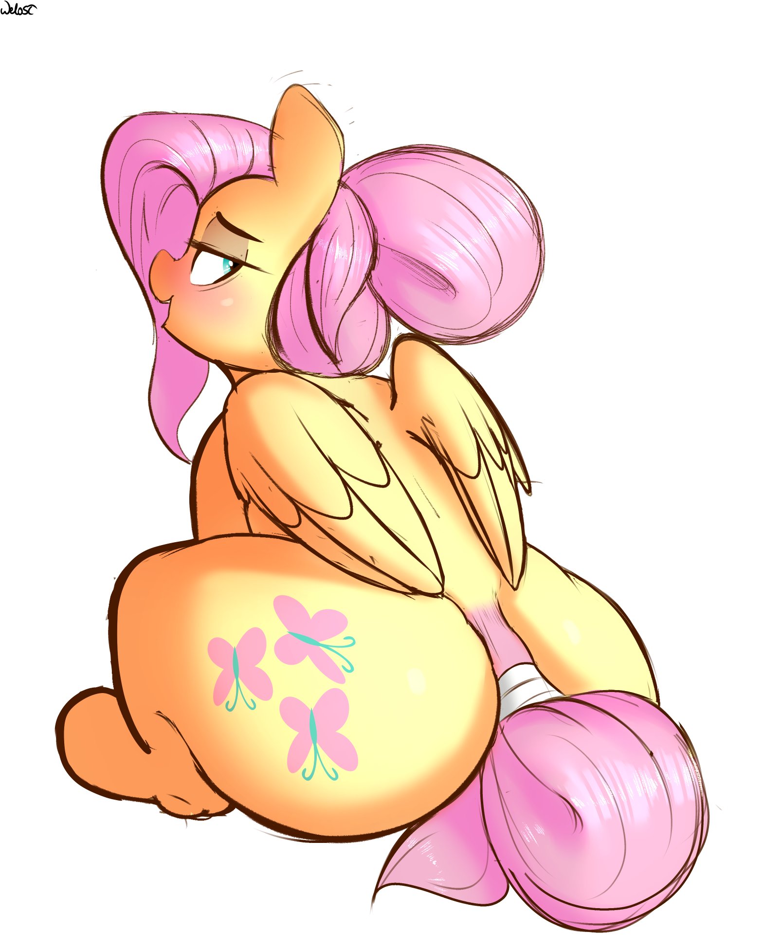 1girls, ass, big ass, big butt, blush, butr, cutie mark, equine, fat ass, feathered wings, feathers, female, female focus, female only, fluttershy (mlp), friendship is magic, hasbro, looking at viewer, looking back, mature, mature female, my little pony, older, older mane six (mlp), open mouth, rear view, sitting, smile, smiling, smiling at viewer, solo, solo female, solo focus, welost, wings, yellow body, yellow skin