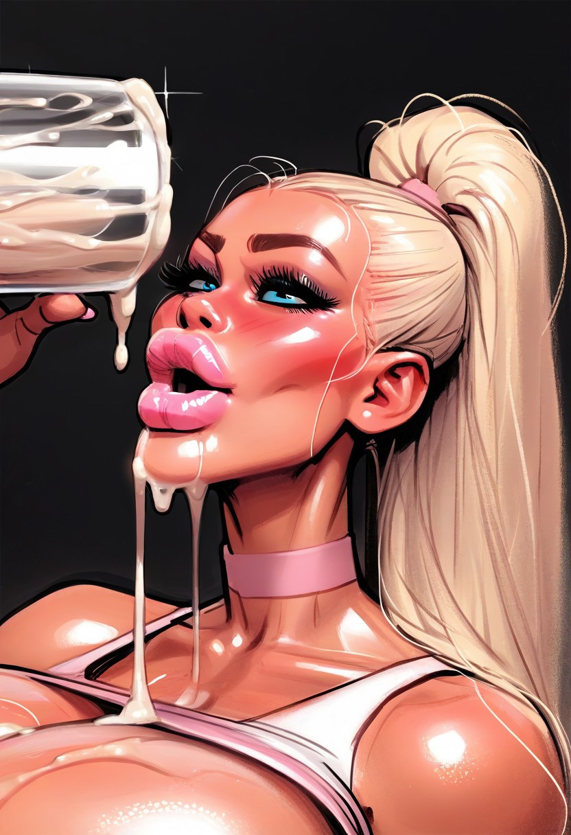 ai_generated big_breasts bimbo bimbo_lips blonde_hair blush choker cleavage cum drinking_cum drinking_semen eating_cum gokkun huge_breasts large_breasts long_hair makeup mug mug_of_cum pobodyznerf ponytail semen steam sweat thick_cum