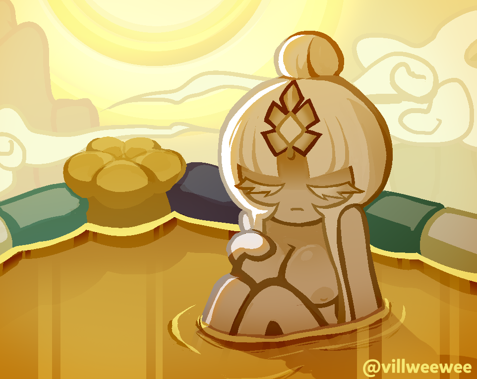 1girls background bathing big_breasts breasts closed_eyes cloud colored cookie_run cookie_run_kingdom frown in_water long_hair mystic_flour_cookie nipples nude nude_female peeking_out shy sitting sunlight tagme villweewee white_hair white_skin