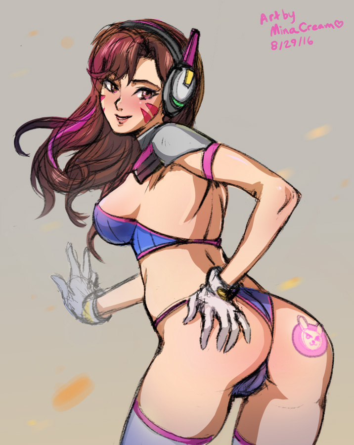 <3, 1girls, against wall, arm strap, artist name, asian, ass, bangs, blizzard entertainment, blush, bra, breasts, brown eyes, brown hair, burgundy hair, covered breasts, cute, d.va, dated, eyelashes, eyeliner, eyeshadow, facepaint, facial markings, female, female only, flowing hair, fringe, gloves, grey background, hand on ass, headphones, holding ass, korean, leaning forward, light skin, light-skinned female, logo, long hair, looking at viewer, looking back, minacream, overwatch, petite, pink hair, presenting, presenting ass, seductive look, shoulder armor, skimpy, slim, smile, smiling at viewer, solo, strapless bra, teenager, thighhighs, thong, whisker markings