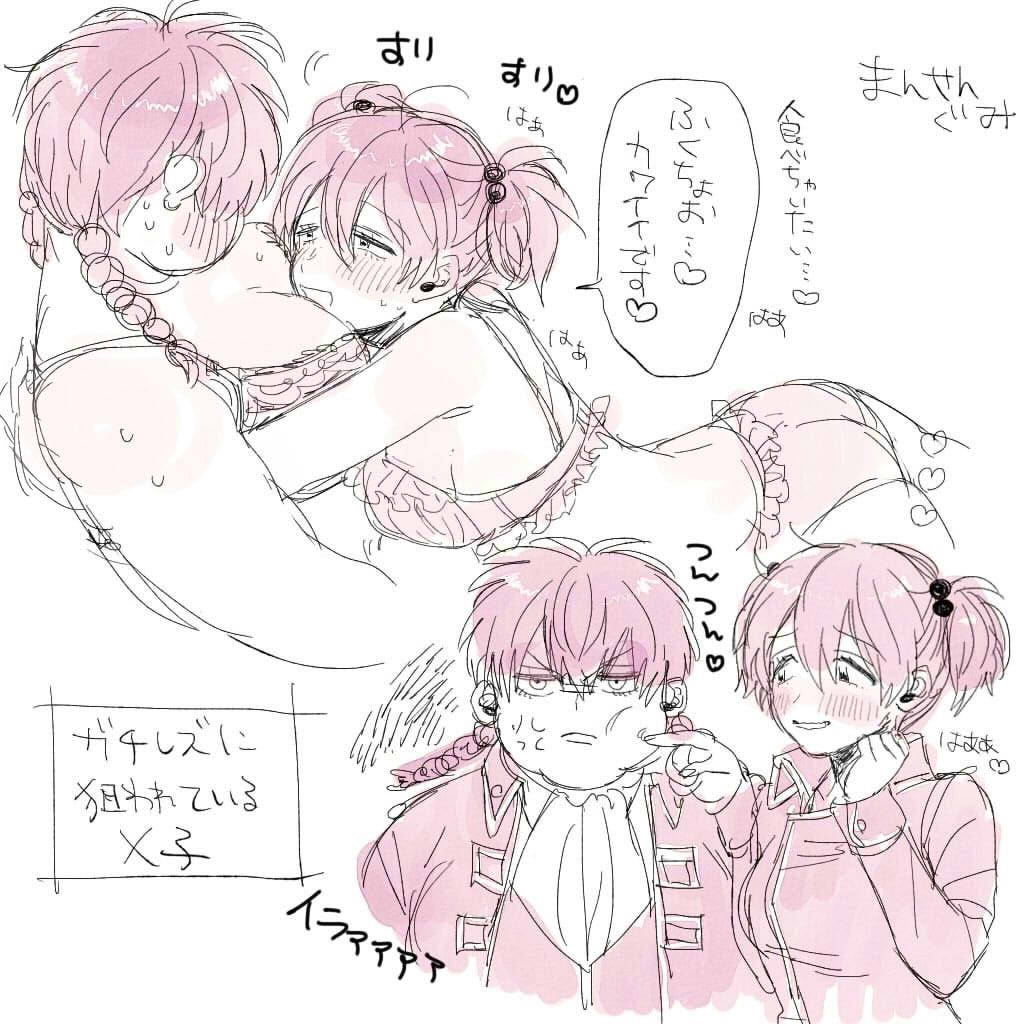 2girls angry annoyed big_breasts blush bra braided_hair braids canon_genderswap chubby chubby_female cleavage embrace face_in_breasts female female_only genderswap_(mtf) gintama hijikata_tenko hijikata_toshiro hug japanese_text lingerie monochrome overweight_female pink_theme pixiv_id_13489207 police_uniform rule_63 shinsengumi_(gintama) sweat teasing twin_braids twintails yamazaki_sagaru yamazaki_shisako yuri