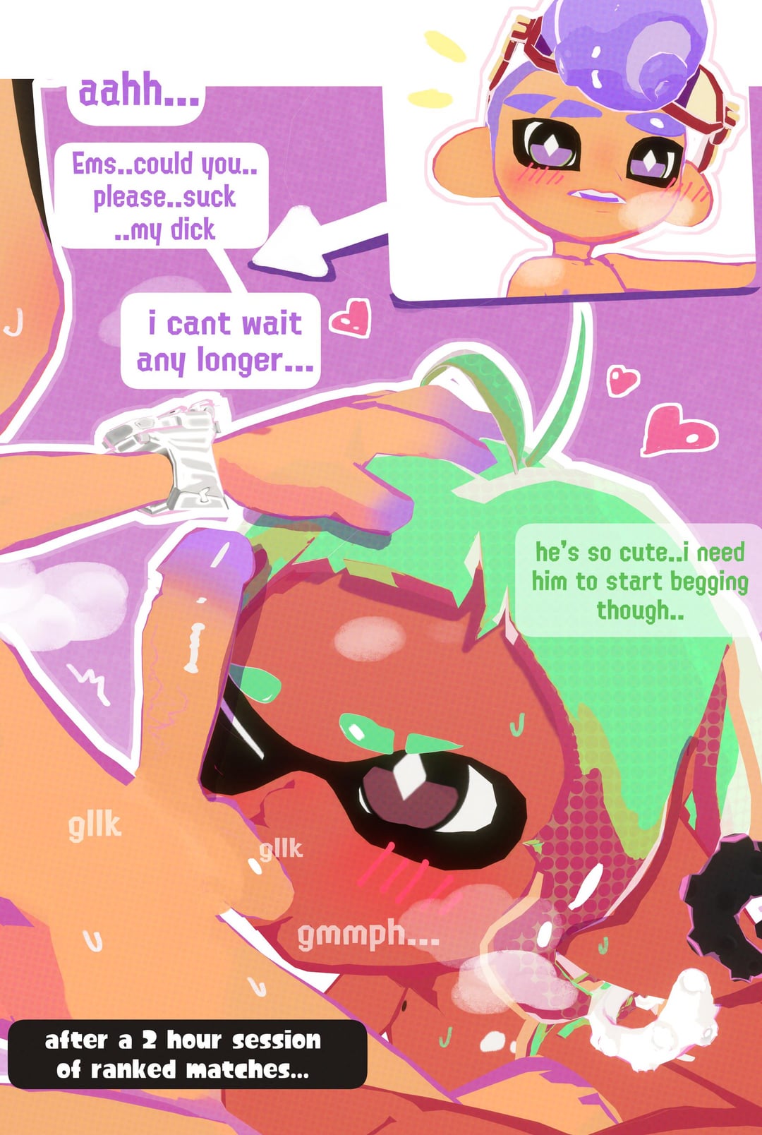 1boy1girl asking_for_sex balls ememz666 hand_on_head inkling_girl nintendo octoling_boy penis splatoon sucking_testicles text