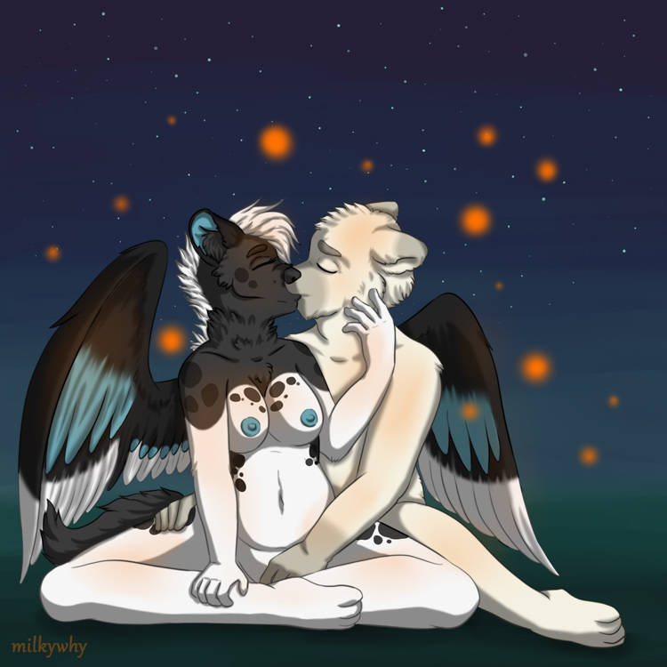 2016 anthro bear belly big_belly big_breasts breasts canine closed_eyes colored duo feathered_wings feathers female fingering front_view fur hair hyena kissing male mammal milkywhy night nipples nude outside overweight shaded simple_background sitting spread_legs spreading straight wings