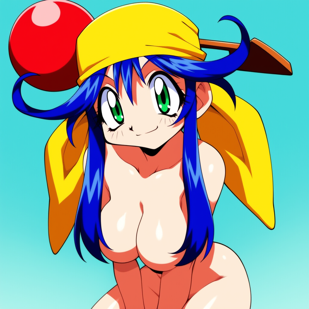 1girls ai_generated artist_request ass bandana bandana_only bandanna_only big_ass big_breasts blue_hair blush blushing_at_viewer blushing_female breasts covering covering_breasts covering_crotch covering_nipples female green_eyes happy happy_female huge_breasts large_ass large_breasts light-skinned_female light_skin lime_(saber_j) long_hair looking_at_viewer naked naked_female saber_marionette_j thighs voluptuous voluptuous_female wide_hips yellow_bandana yellow_bandanna