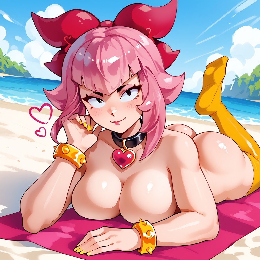 1girls, ai generated, beach, brawl stars, breasts, female, lying on stomach, melodie (brawl stars), nude, presenting, tagme