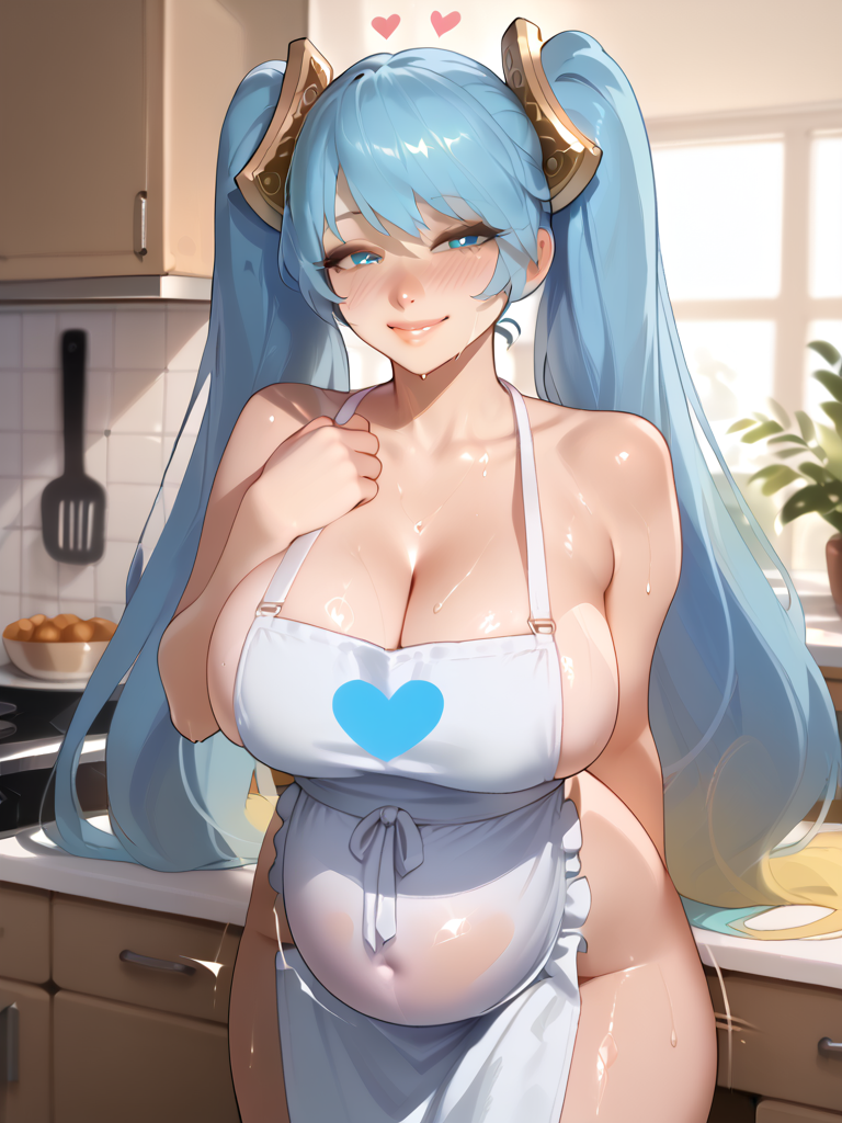 11_22 1girls ai_generated apron bare_shoulders blue_eyes blue_hair blush cleavage embarrassed half-closed_eyes hand_on_own_chest heart heart huge_breasts kitchen large_breasts league_of_legends league_of_legends:_wild_rift long_hair looking_at_viewer motion_lines naked_apron nervous_smile pale_skin pregnant smile sona_buvelle sweat twintails