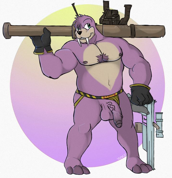 1boy anthro balls barefoot clothed clothing front_view gloves gun holding_object holding_weapon humanoid_penis jockstrap male male_only mammal marine musclegut navel nipples partially_retracted_foreskin pecs penis pinniped pinup poking_out pose ranged_weapon rifle rocket_launcher rotor_the_walrus signature solo sonic_(series) standing topless tusks uncut underwear underwear_aside vein veiny_penis walrus weapon wkd