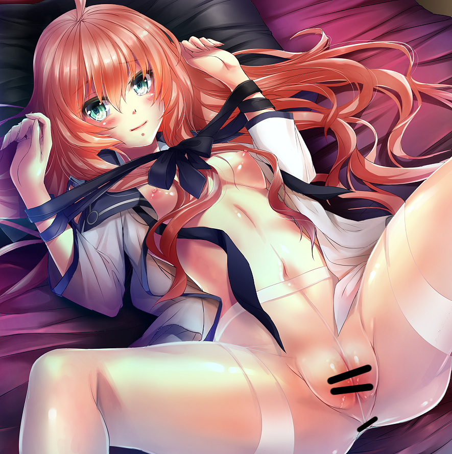 bar_censor bed_sheet black_bow black_ribbon bound bow breasts censored dies_irae fat_mons female green_eyes long_hair lying mia_(gute-nacht-07) navel nipples no_panties on_back open_clothes open_shirt pantyhose pillow pussy red_hair ribbon rusalka_schwagerin sheer_legwear shiny shiny_skin shirt smile solo spread_legs tied_up white_shirt