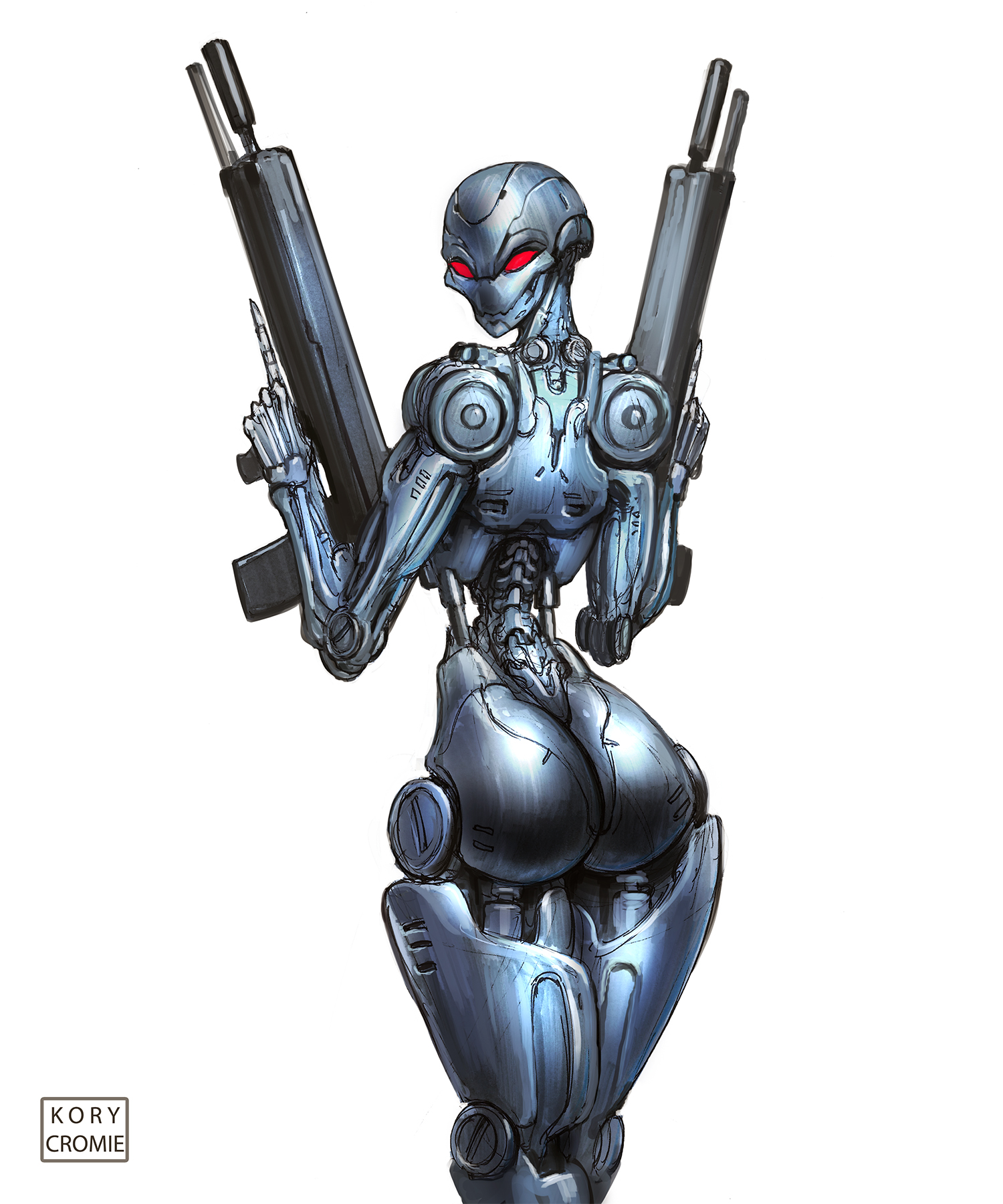 1girls, ass, female, female focus, female only, grey body, gun, guns, holding object, holding weapon, kory cromie, looking back at viewer, metallic body, red eyes, robot, robot girl, robot humanoid, sideboob, sketch, solo, terminator, thighs, thin waist, weapon