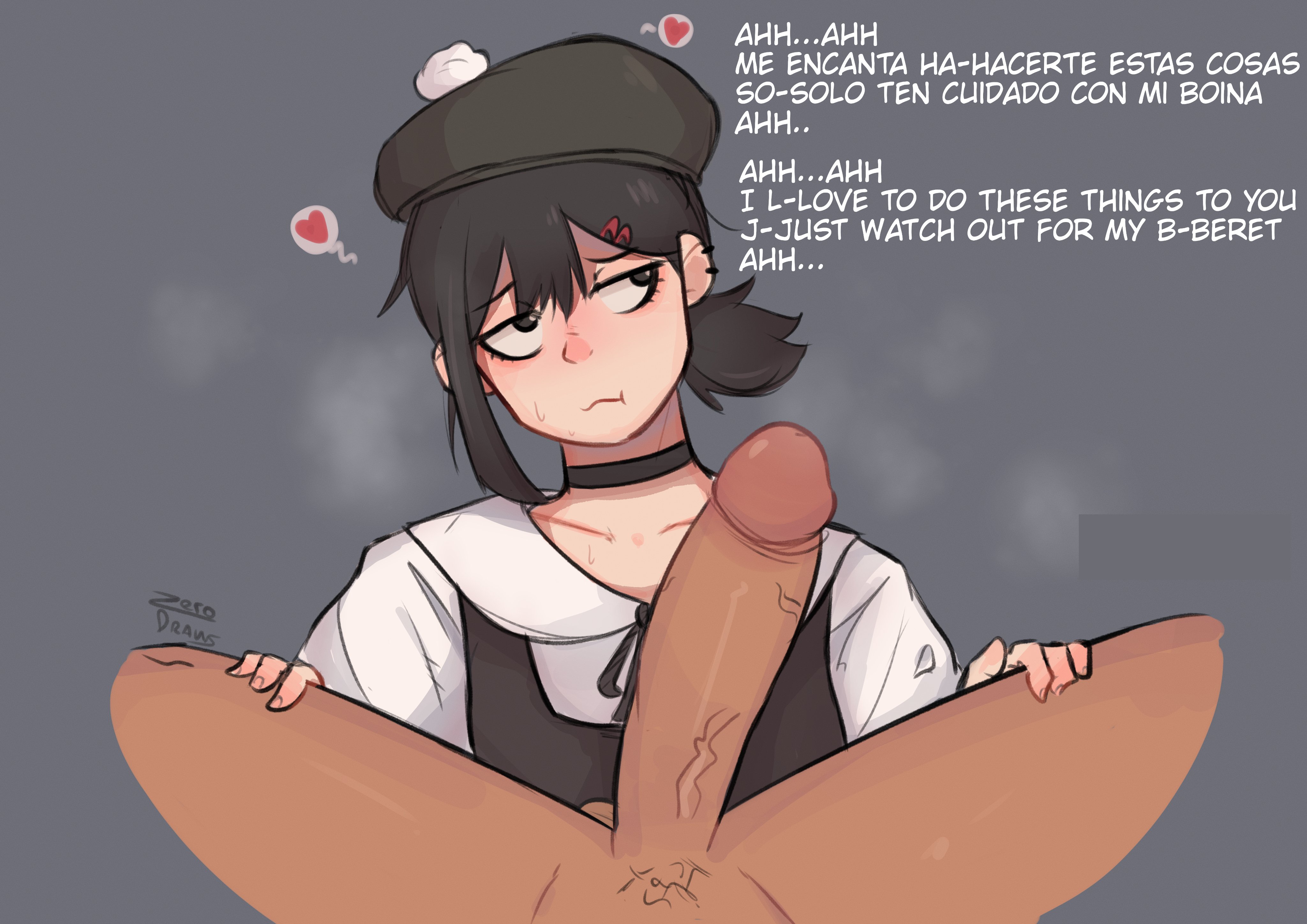 1girls, 2023, 2d, 2d (artwork), alternate version available, artist name, beret, big penis, black hair, black hair female, black-haired female, blank background, chainsaw man, choker, clothed female, clothed female nude male, dialogue, english text, gray background, hairpin, hairpins, hands on legs, heart, higashiyama kobeni, light pubic hair, looking to the side, male pubic hair, penis, penis vein, pov, pubic hair, slight blush, spanish text, text, zero dead zone