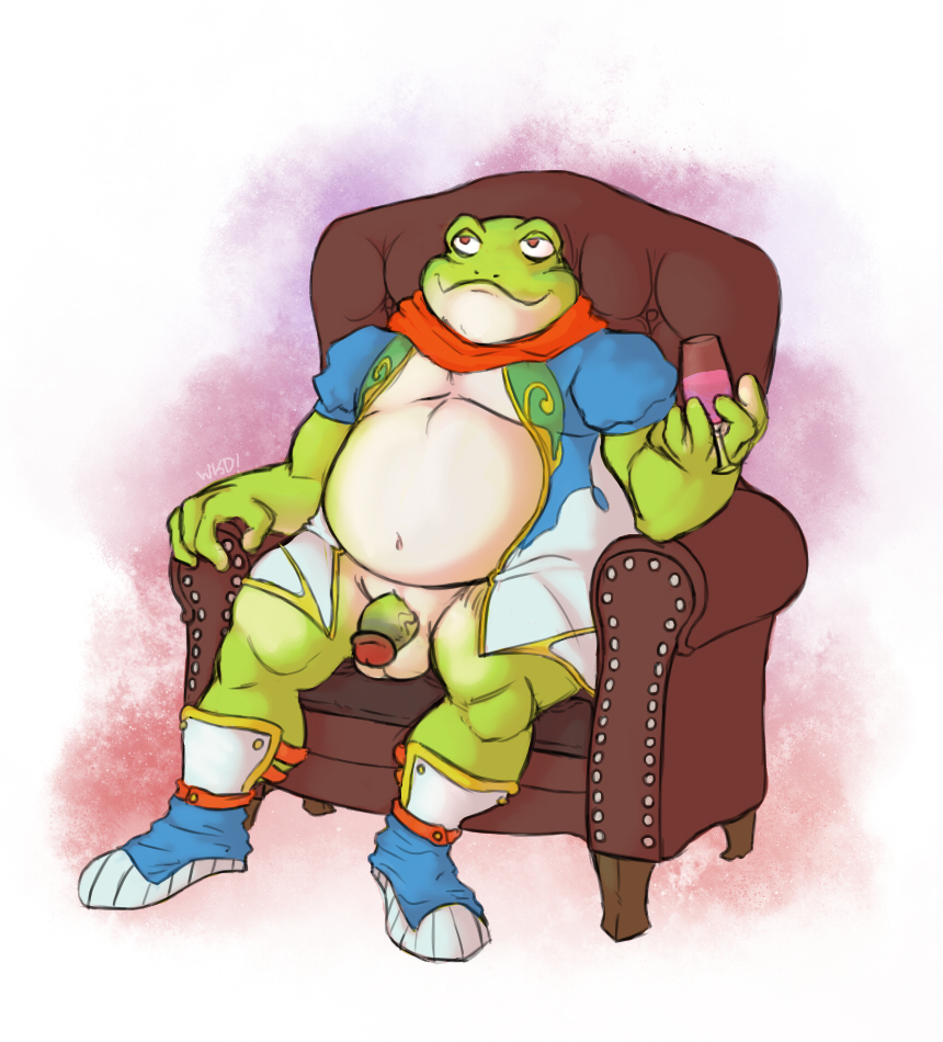 amphibian anthro armchair balls boots bottomless breath_of_fire chair circumcised clothed clothing flaccid footwear frog glass humanoid_penis jean_(breath_of_fire) male_only navel open_clothes open_shirt overweight penis pinup pose reclining scarf shirt sitting smile vein veiny_penis video_games wkd