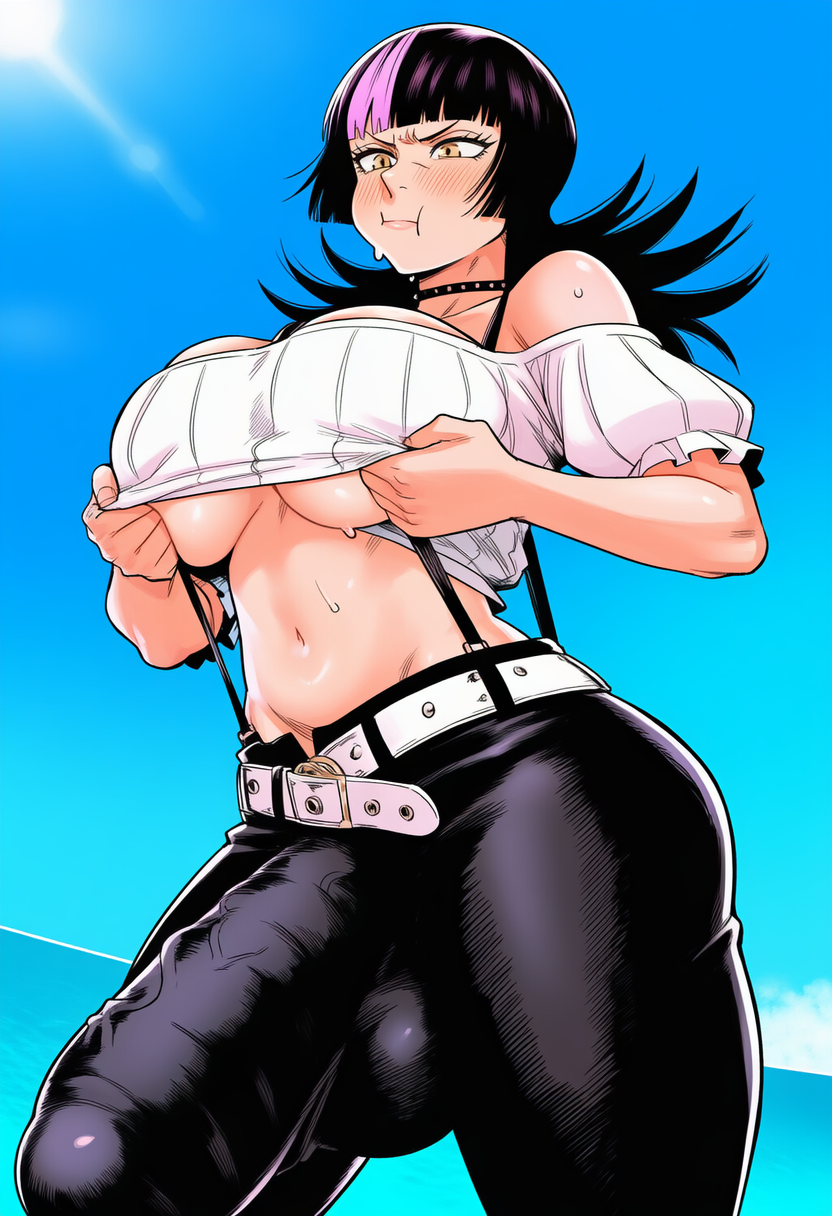 1futa, angry face, big breasts, bulge, bulge down leg, bulge through clothing, clothed, futa focus, futa only, futanari, grabbing own breast, horny, hoshi kirara, huge cock, jujutsu kaisen, mommysmilk00, penis outline, solo, solo futa, throbbing penis