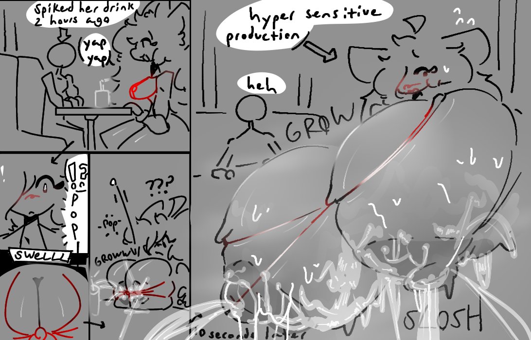 ?, ?!, 1anon, 1female, 1girls, 2026, ahoge, animal ears, anthro, big breasts, blush, breast expansion, breasts, button pop, cleavage, comic, dialogue, dialogue box, dialogue bubble, drink, embarrassed, expansion, female, female focus, flustered, furry, growing, growth, huge breasts, humiliating transformation, hyper, hyper breasts, junojif, lactation, milk, monochrome, nervous, public, spiked drink, table, tagme, top heavy, transformation, wardrobe malfunction