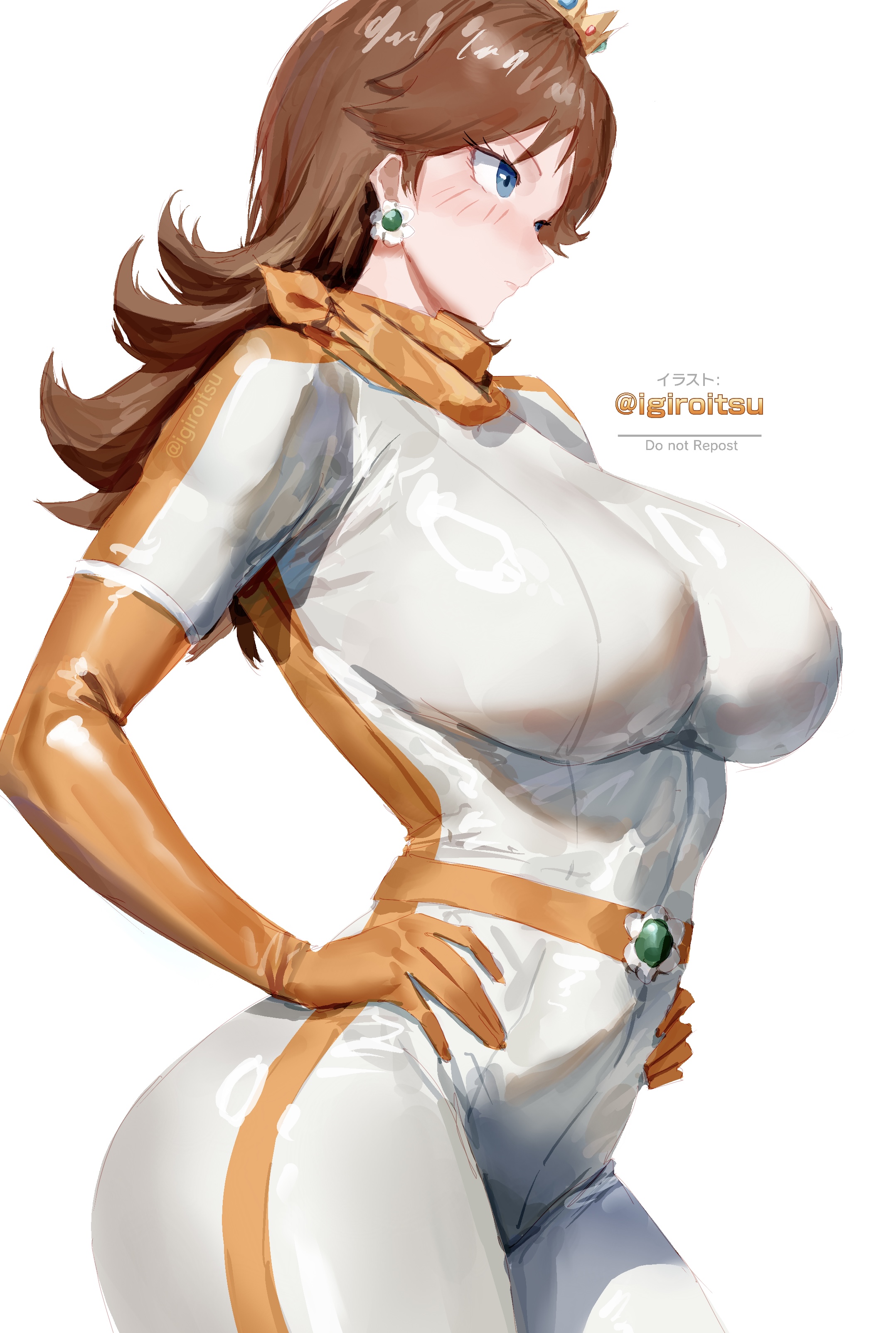 1girls, absurdres, bandana, blue eyes, blue gloves, blush, bodysuit, breasts, brown hair, bursting breasts, cleavage, closed mouth, commentary request, crown, earrings, female, flower earrings, gloves, hands on own hips, highres, igiroitsu, jewelry, large breasts, long hair, looking at viewer, mario (series), mario kart, navel, nintendo, open bodysuit, open clothes, orange bandana, orange gloves, princess, princess daisy, princess daisy (aero), simple background, skin tight, smile, solo, tight clothes, tight clothing, twitter username, white background, white bodysuit