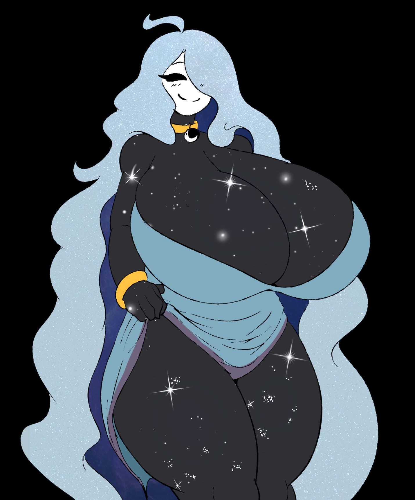 1girls, alternate body type, artist request, big ass, big breasts, black body, black eyes, blue hair, dark body, dark skin, female focus, female only, galaxy, mask, massive ass, saline (sabath industry), simple background, tagme, voluptuous