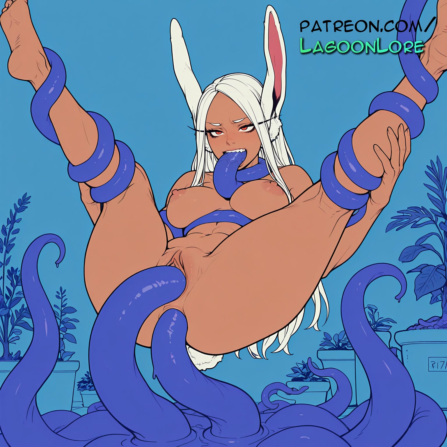 ai generated, animal ears, anus, artist name, bamboo, barefoot, boku no hero academia, breasts, bust, carrot, chest, clitoral hood, dark nipples, dark skin, dark-skinned female, double penetration, exposed anus, exposed nipples, exposed pussy, female, hi res, highres, juicy pussy, lagoonlore, leg up, long hair, mirko, miruko, my hero academia, nipples, nipples outside, nude, palm tree, parted bangs, patreon, patreon username, plant, potted plant, pussy, rabbit ears, restrained, soles, solo, tail, tentacle, tentacle sex, tight anus, tight pussy, tree, uncensored, vagina, watermark