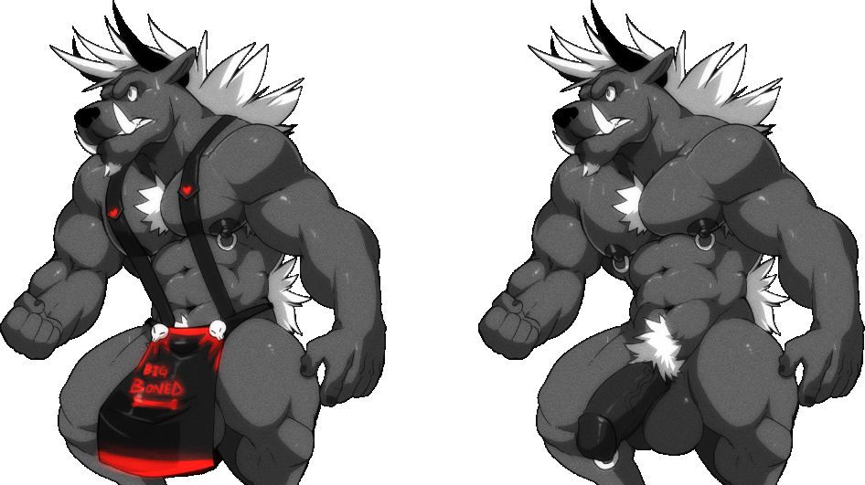 1boy 2016 abs angry anthro apron balls behemoth biceps bondage canine clothing cursedmarked demon fangs fumdux fur glowing hair horn humanoid_penis male male_only mammal muscular muscular_male nipple_piercing nipples nude pecs penis piercing simple_background smile solo teeth video_games