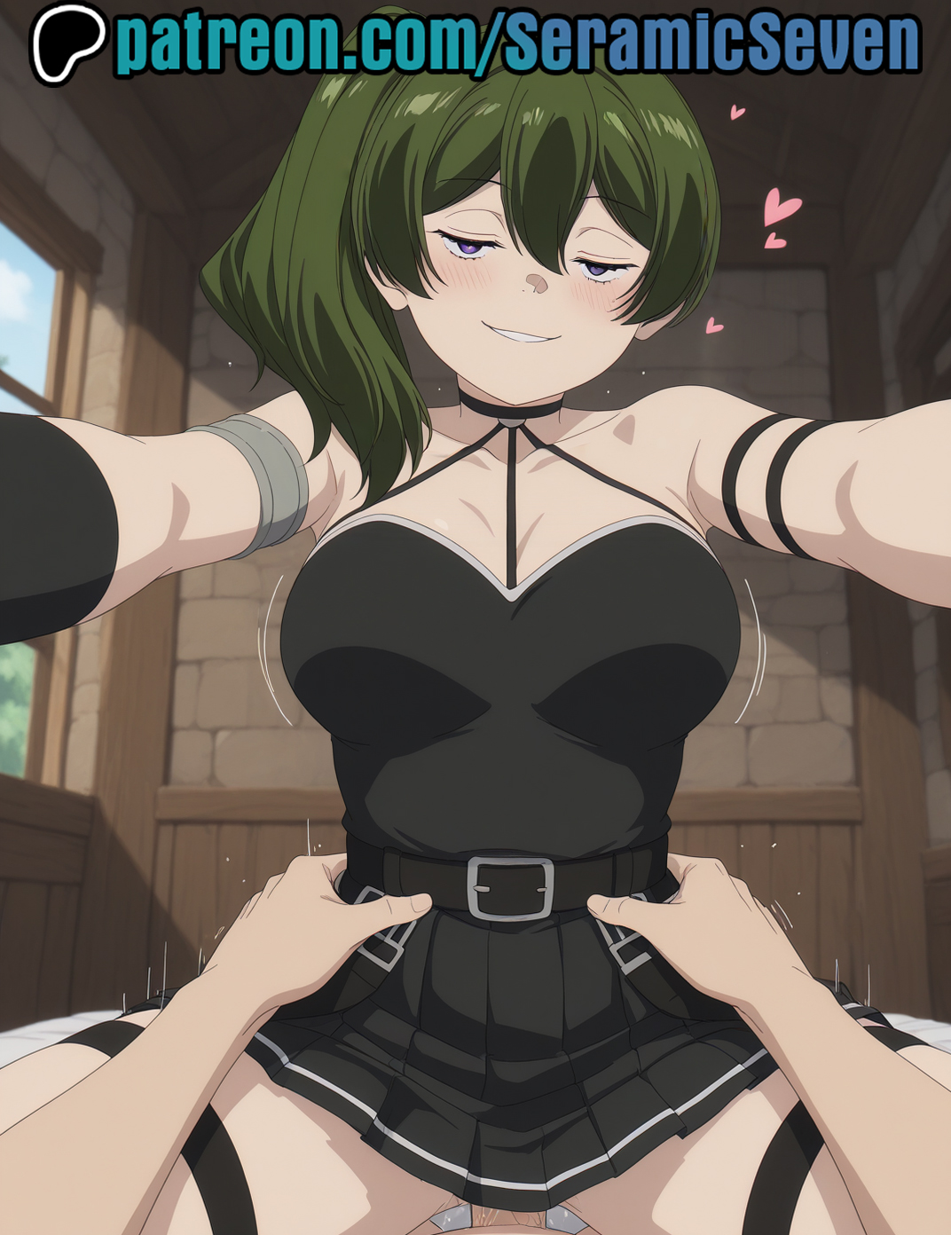 1boy, 1boy1girl, 1female, 1girls, 2025, 2d, ai, ai generated, anime, anime style, cowgirl position, crazy female, eye contact, female, frieren beyond journey's end, green hair, heart, hearts around head, light skin, light-skinned female, looking at viewer, male, male/female, reaching out, seramic seven, sex, sexual intercourse, short hair, sousou no frieren, ubel (sousou no frieren), vaginal insertion, vaginal penetration, vaginal sex