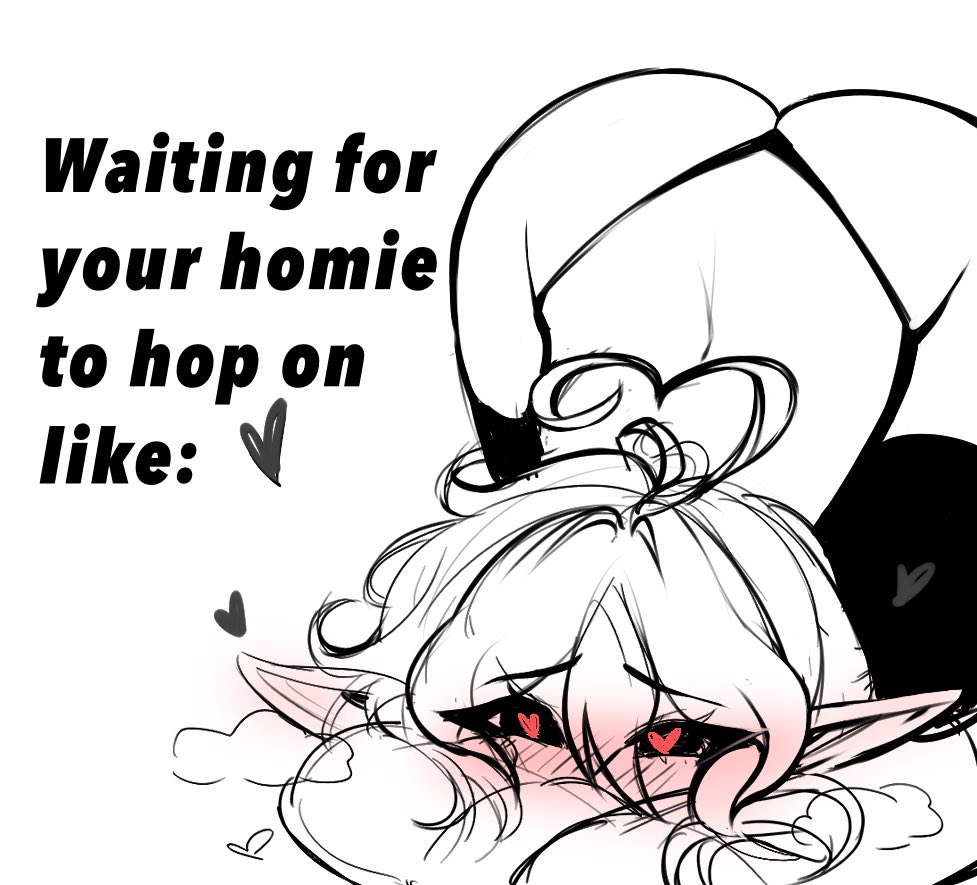 ///, 1girls, ahoge, arched back, ass up, big ass, breath, curly hair, elf, elf ears, english text, face in pillow, female, female focus, female only, heart, heart ahoge, heart-shaped pupils, holding pillow, legwear, looking at viewer, meme, mistysnugglebug, monochrome, original, sleepy (mistysnugglebug), text, thong, top-down bottom-up, twitter link, white background