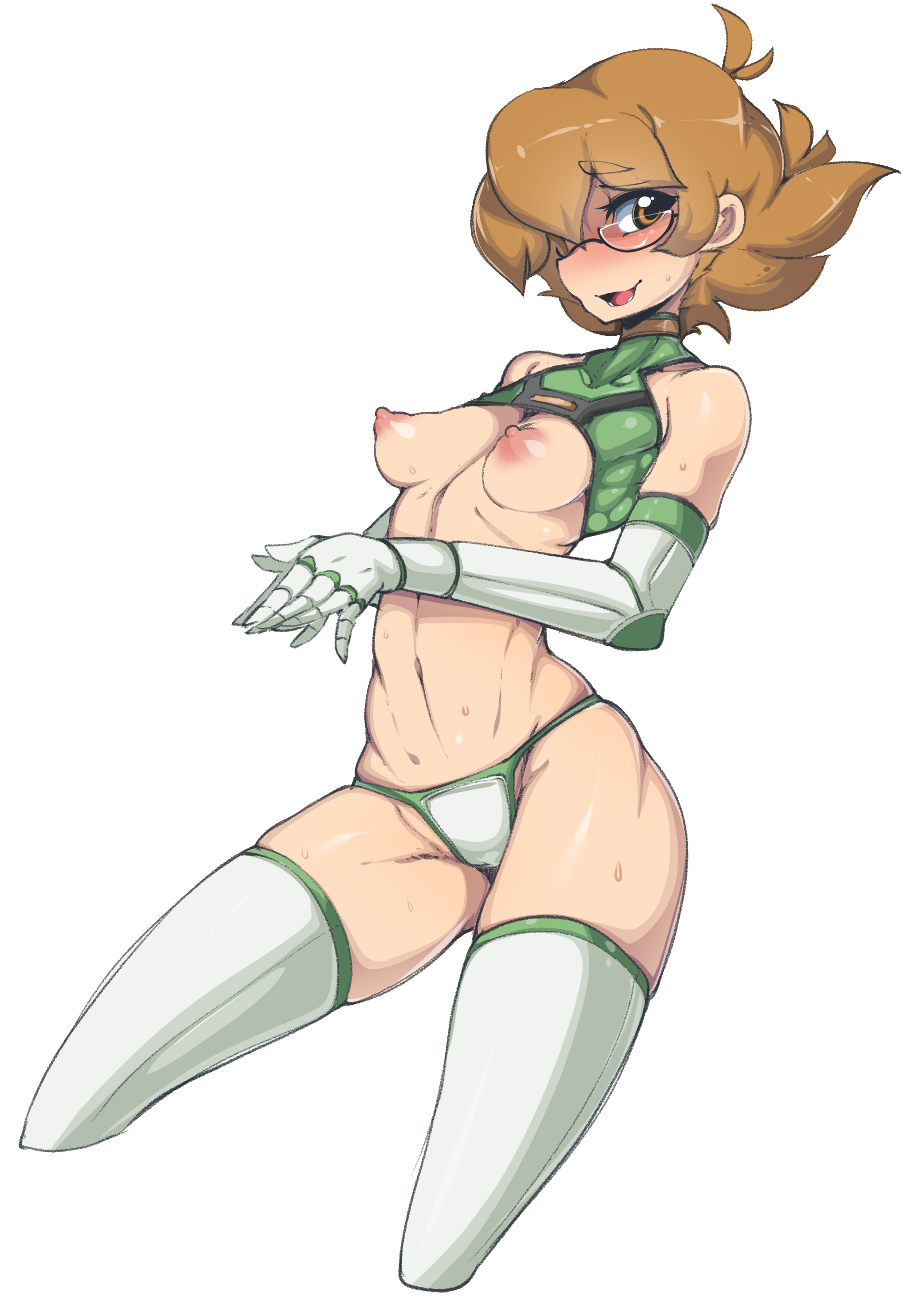 1girls, absurdres, adapted costume, breasts, brown eyes, brown hair, female, glasses, hair over one eye, highres, human, light skin, light-skinned female, navel, nipples, panties, pidge gunderson, short hair, slugbox, small breasts, solo, stomach, strapless dress, thighhighs, thong, voltron, voltron: legendary defender