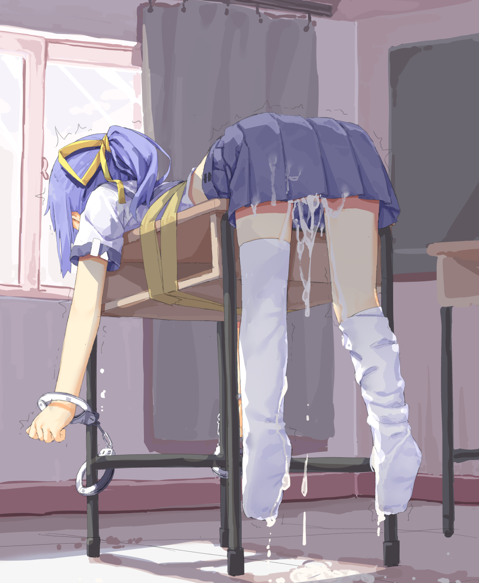 1girls, abuse, after rape, after sex, ass up, bent over, blue hair, bondage, bound, bound to desk, bound wrists, classroom, clothed, clothed female, cum, cum drip, cum in pussy, cum on ass, cum on floor, cum on legs, cumdrip, desk, drip, drooling, excessive cum, female, female only, from behind, handcuffed, handcuffed female, handcuffs, hassai, hindquarters, indoors, inside, pleated skirt, presenting, pussy, pussy juice, short hair, skirt, socks, solo, sweat, tape, tape bondage, tied to desk, used, white shirt