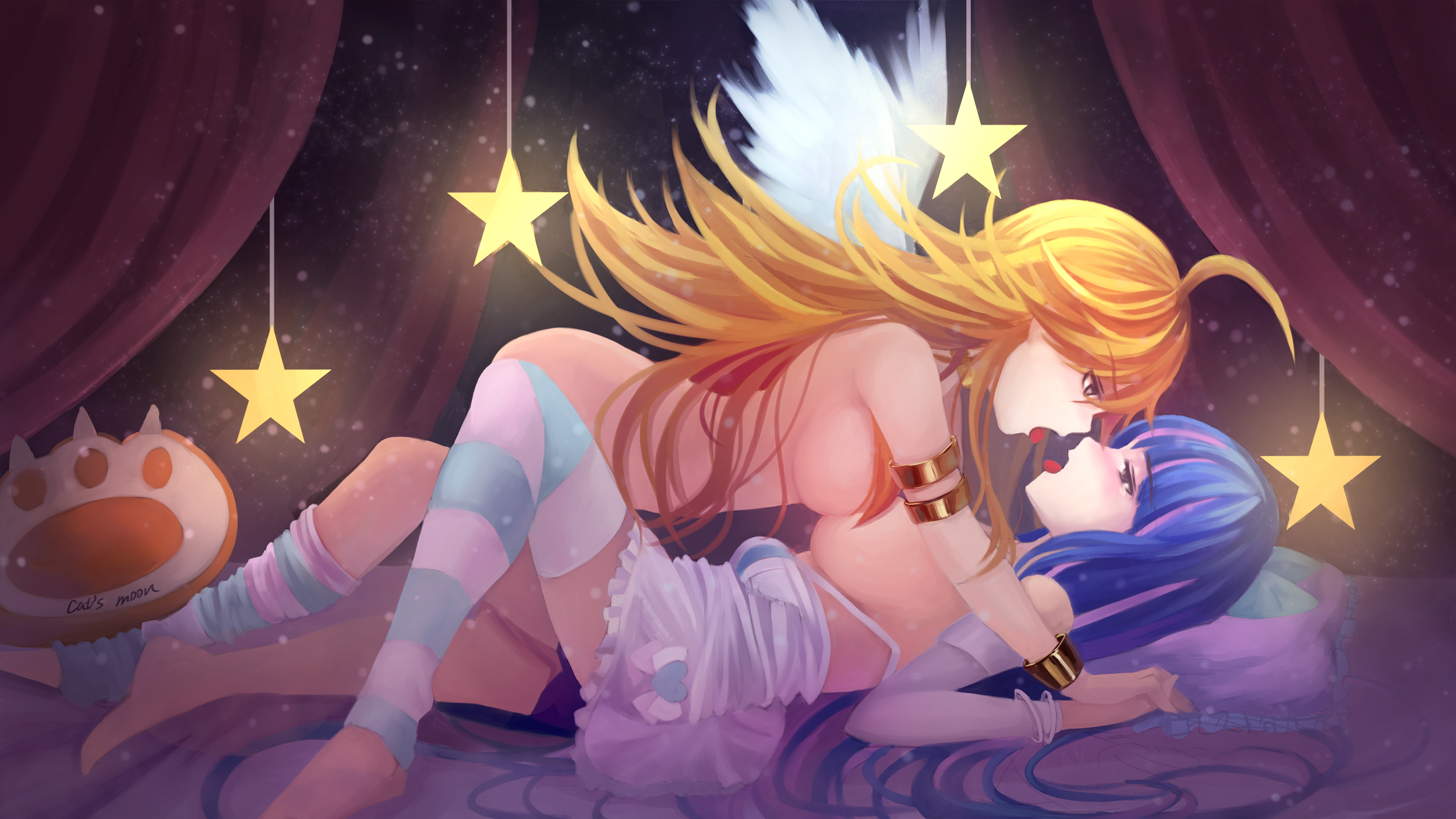 2girls, ahoge, asymmetrical docking, blonde hair, blue hair, blue legwear, blush, breast press, breast size difference, breasts, dress pull, female, hand holding, highres, incest, large breasts, multiple females, multiple girls, nude, panty & stocking with garterbelt, panty anarchy, siblings, sisters, stocking anarchy, straddling, striped, striped legwear, symmetrical docking, thighhighs, thighhighs pull, tongue, tongue out, white wings, wings, youxuemingdie, yuri