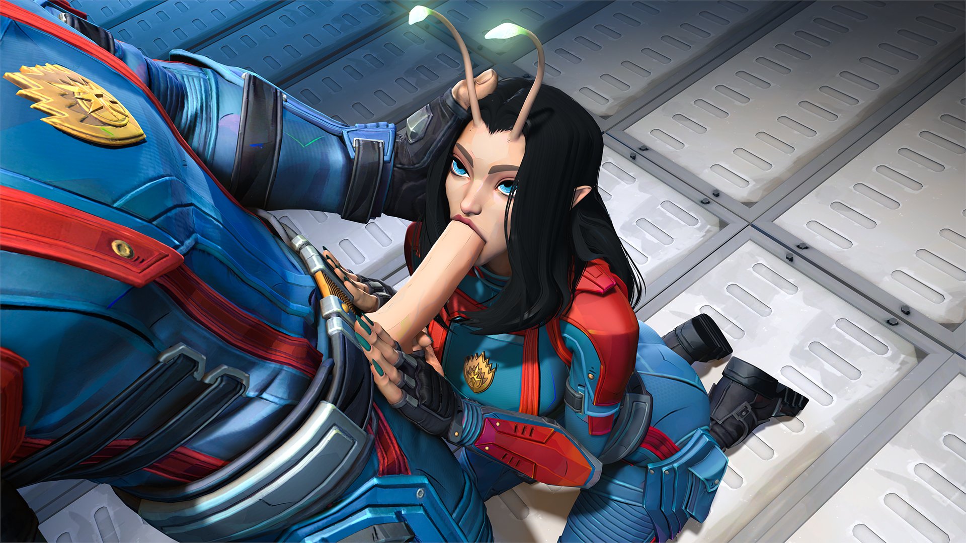 1boy, 1boy1girl, 1girls, 3d, 3d (artwork), alien, alien girl, fellatio, fellatio gesture, guardians of the galaxy, hand on head, kneeling, kneeling oral position, mantis (marvel rivals), mantis (marvel), marvel, marvel comics, oral, winterssfm