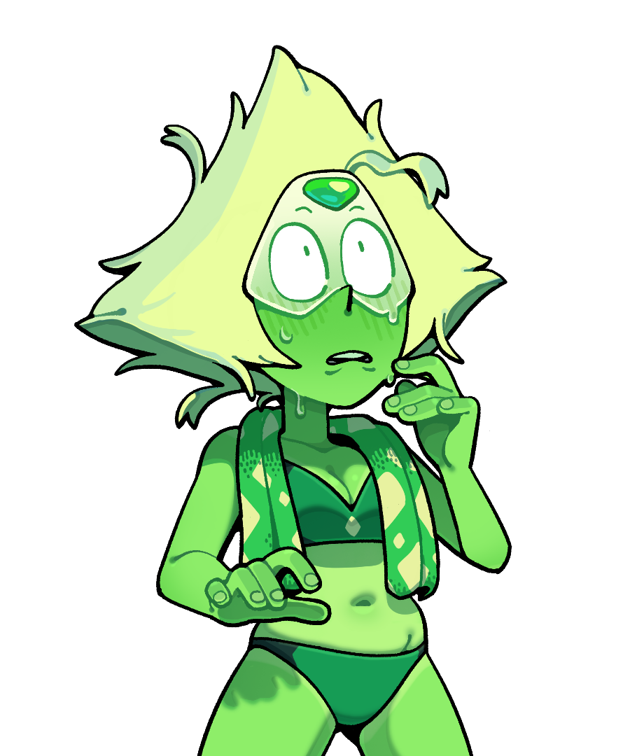 1girls, bikini, blonde hair, blush, cleavage, discount-supervillain, female, navel, peridot (steven universe), steven universe, sweat, sweating, tan, tanline, tanlines, towel around neck
