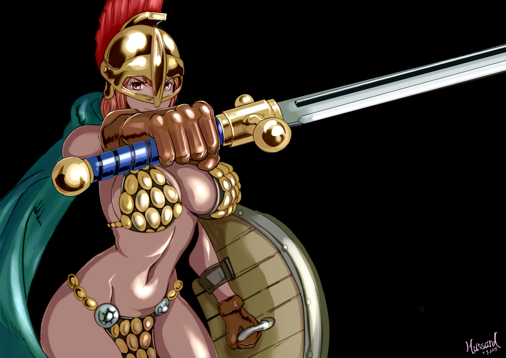 1girls, 2014, armor, artist name, big breasts, bikini, bikini armor, black background, breasts, cape, cleavage, cloak, clothing, curvy, female, female focus, female only, gladiator, gladiatrix, gloves, glowing eyes, helmet, highres, hips, human, hussard-yr, large breasts, navel, one piece, pelvic curtain, pink eyes, pink hair, pink-haired female, rebecca (one piece), red hair, revealing clothes, shield, shiny skin, simple background, skimpy, solo, solo female, swimsuit, sword, voluptuous, wallpaper, watermark, weapon, wide hips