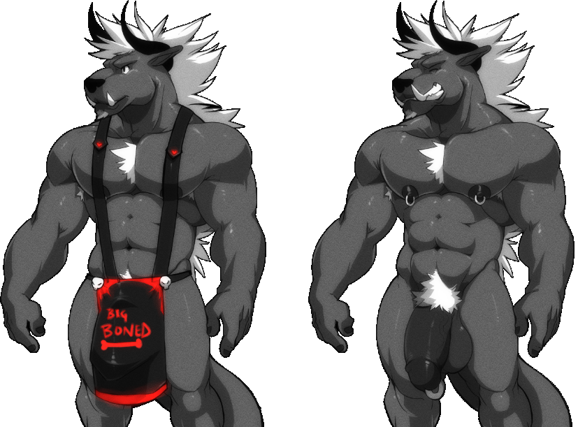 2016 abs anthro apron balls behemoth biceps bondage canine clothing cursedmarked demon fangs fumdux fur glowing hair horn humanoid_penis male male_only mammal muscular muscular_male nipple_piercing nipples nude pecs penis piercing smile teeth video_games