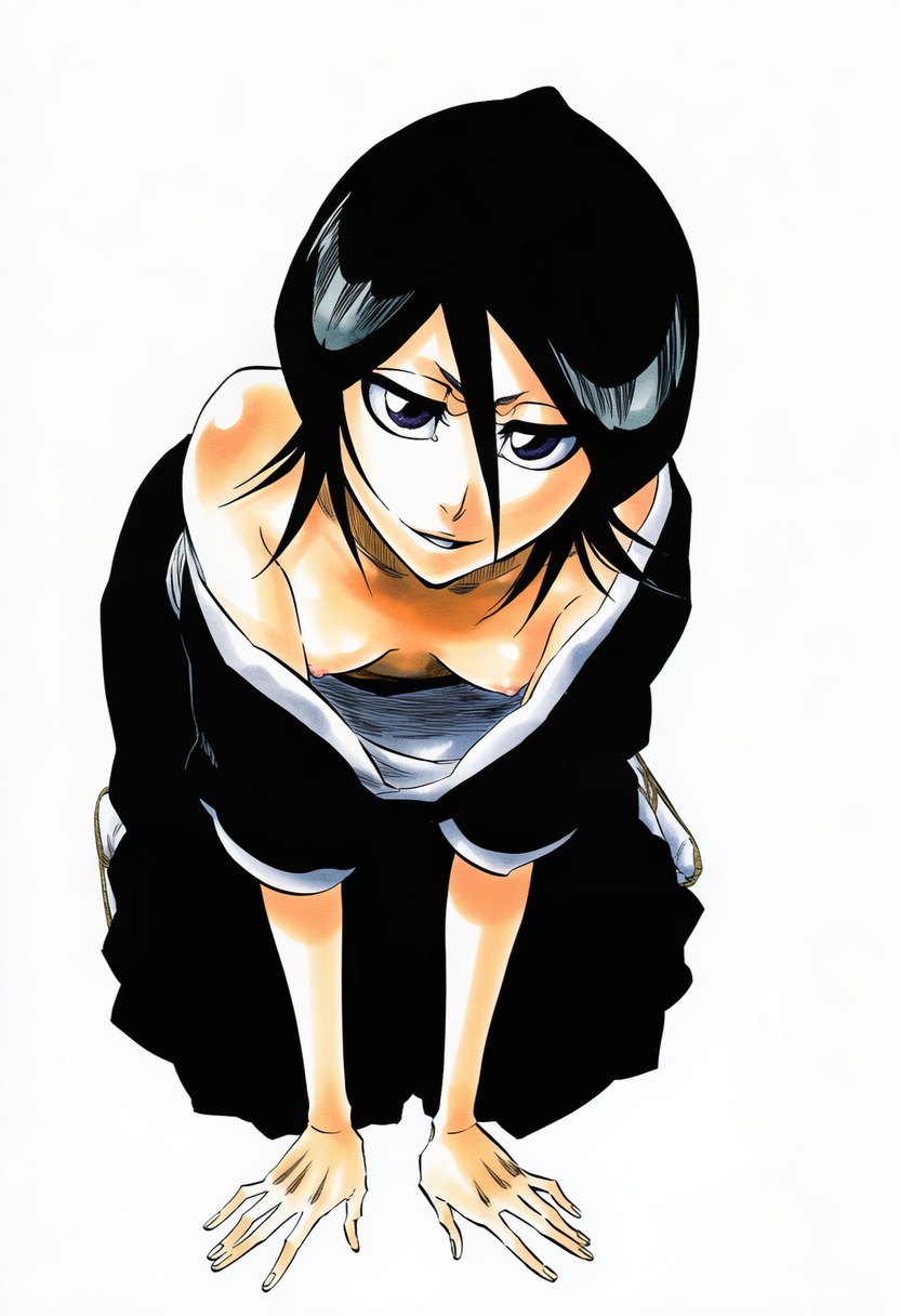 1girls, accurate art style, accurate body type, ai generated, all fours, bent over, black hair, bleach, bob cut, breasts, cel shading, cleavage, clothed, clothes pull, clothing, collarbone, downblouse, exposed breasts, exposed shoulders, female, female focus, female only, from above, glossy, hair between eyes, hands on floor, high resolution, highres, japanese clothes, kimono, kneeling, kuchiki rukia, large filesize, leaning forward, light skin, light-skinned female, line art, looking at viewer, manga style, naughty face, nipple slip, nipples, no bra, perky breasts, petite, purple eyes, shihakusho, shinigami, shiny hair, shiny skin, short hair, simple background, slender waist, small breasts, smile, solo, solo female, solo focus, tite kubo style, viewed from above, warm colors, warm lighting, white background, ㅇㅇ